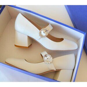 Stuart Weitzman Sloane White Calfskin Mary Jane Pumps